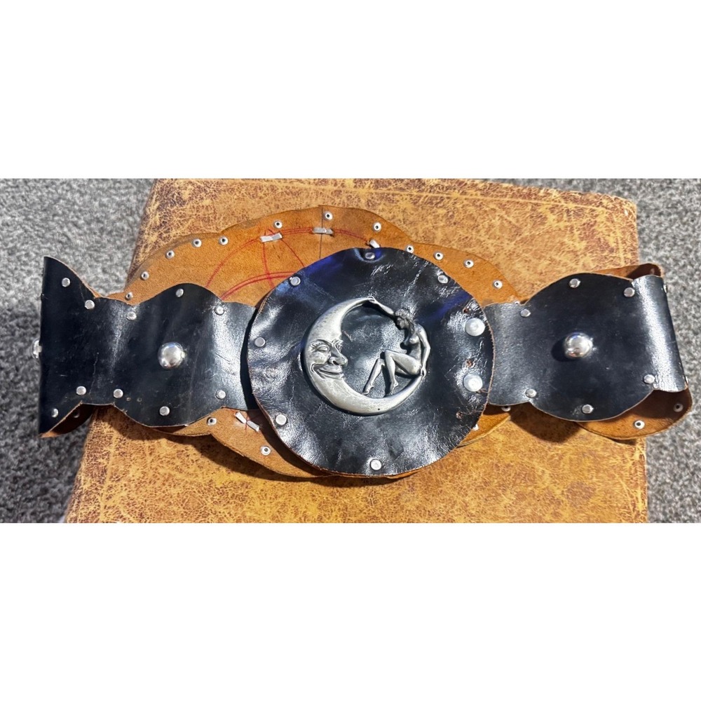 Vintage Handmade Black Leather Celestial Moon Nude Lady Studded Wide Waist Belt - Picture 3 of 16